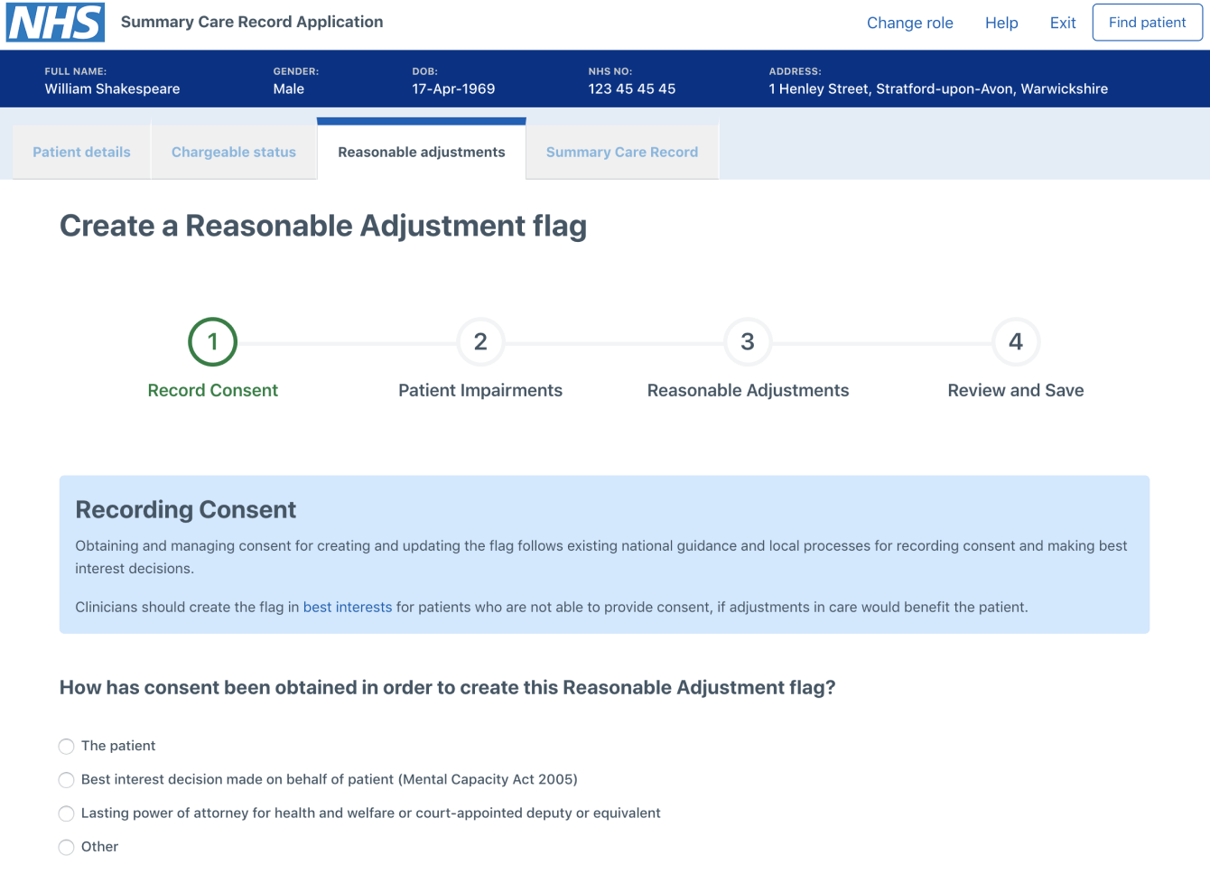 A screen grab showing the 'one thing per page' design pattern for the creating reasonable adjustments user journey